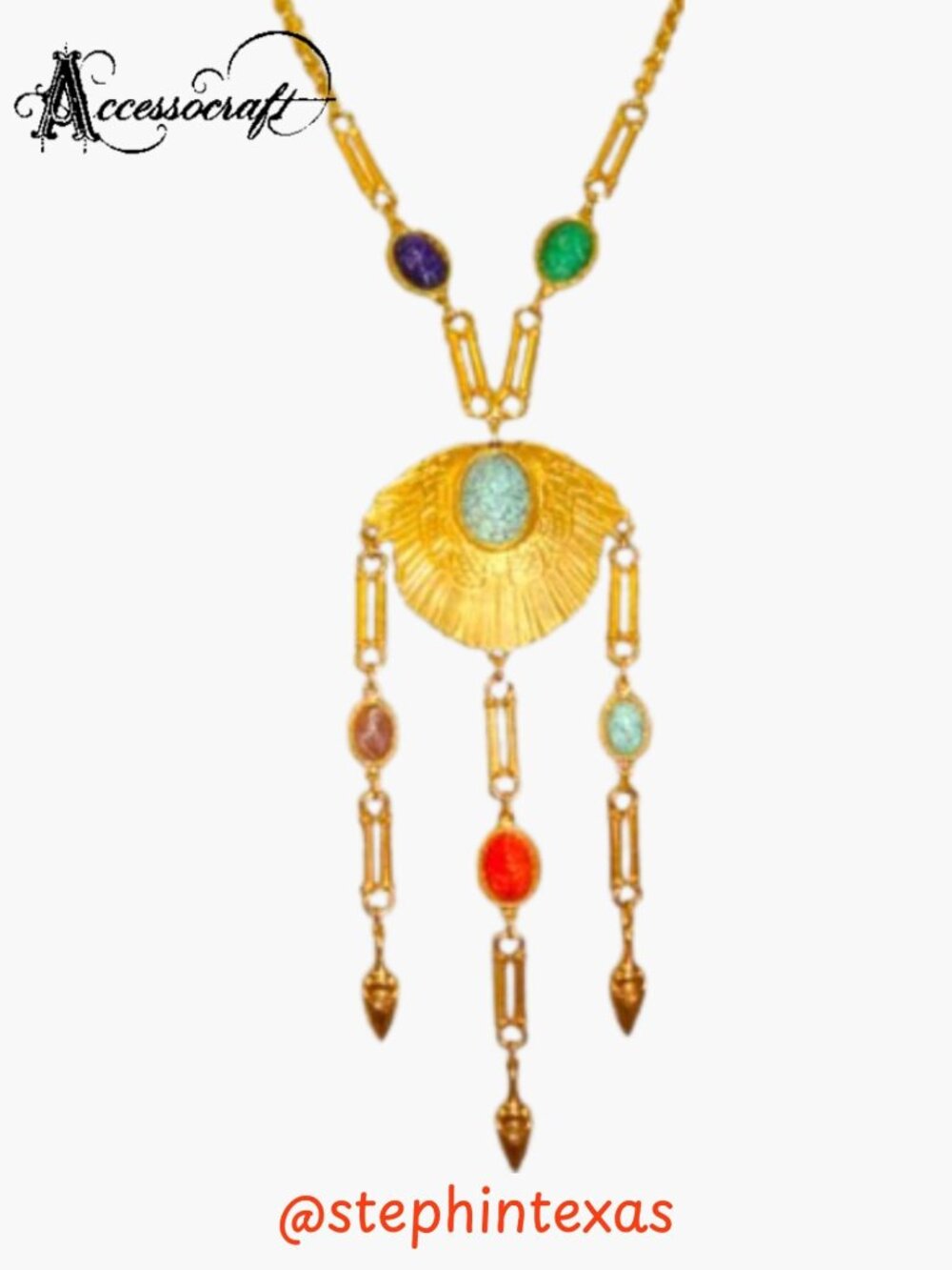 Accessocraft Egyptian Revival Statement Necklace Scarab Signed Rare Collectible